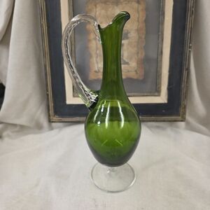 Vntg. 13" Emoli Emerald Green Glass Pitcher w Clear Base & Twisted Glass Handles
